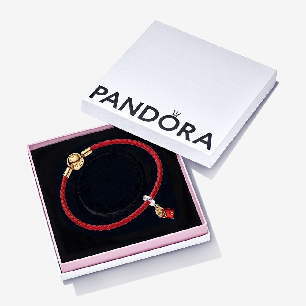 Pandora Two-Tone Red Envelope Dangle Charm and Pandora Moments Red Woven Leather Bracelet set