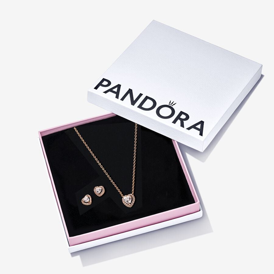 Pandora Gold Heart Necklace and Earrings Gift Set