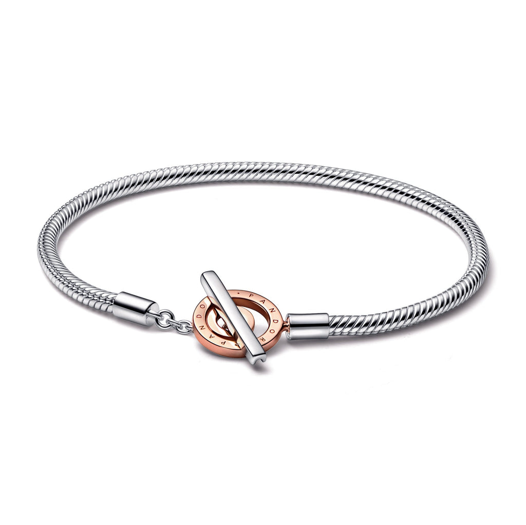 Pandora Moments Two-Tone Logo T-Bar Snake Chain Bracelet