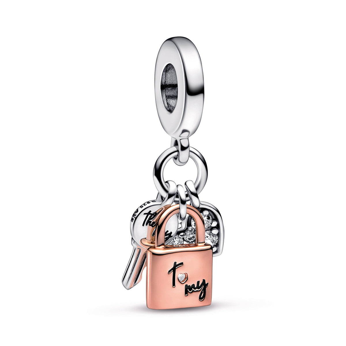 Pandora Two-Tone Key, Padlock & Heart Triple Dangle Charm