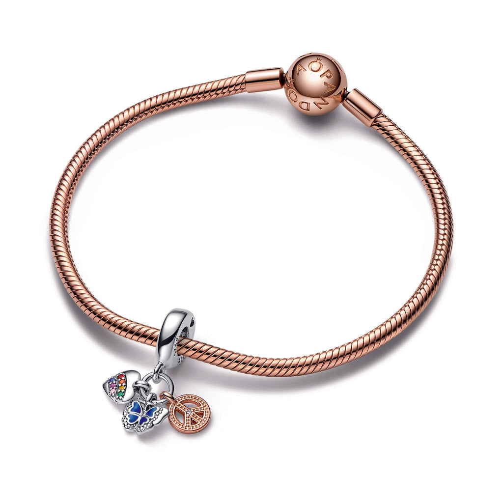 Pandora Two-Tone Rainbow Heart, Butterfly & Peace Triple Dangle Charm