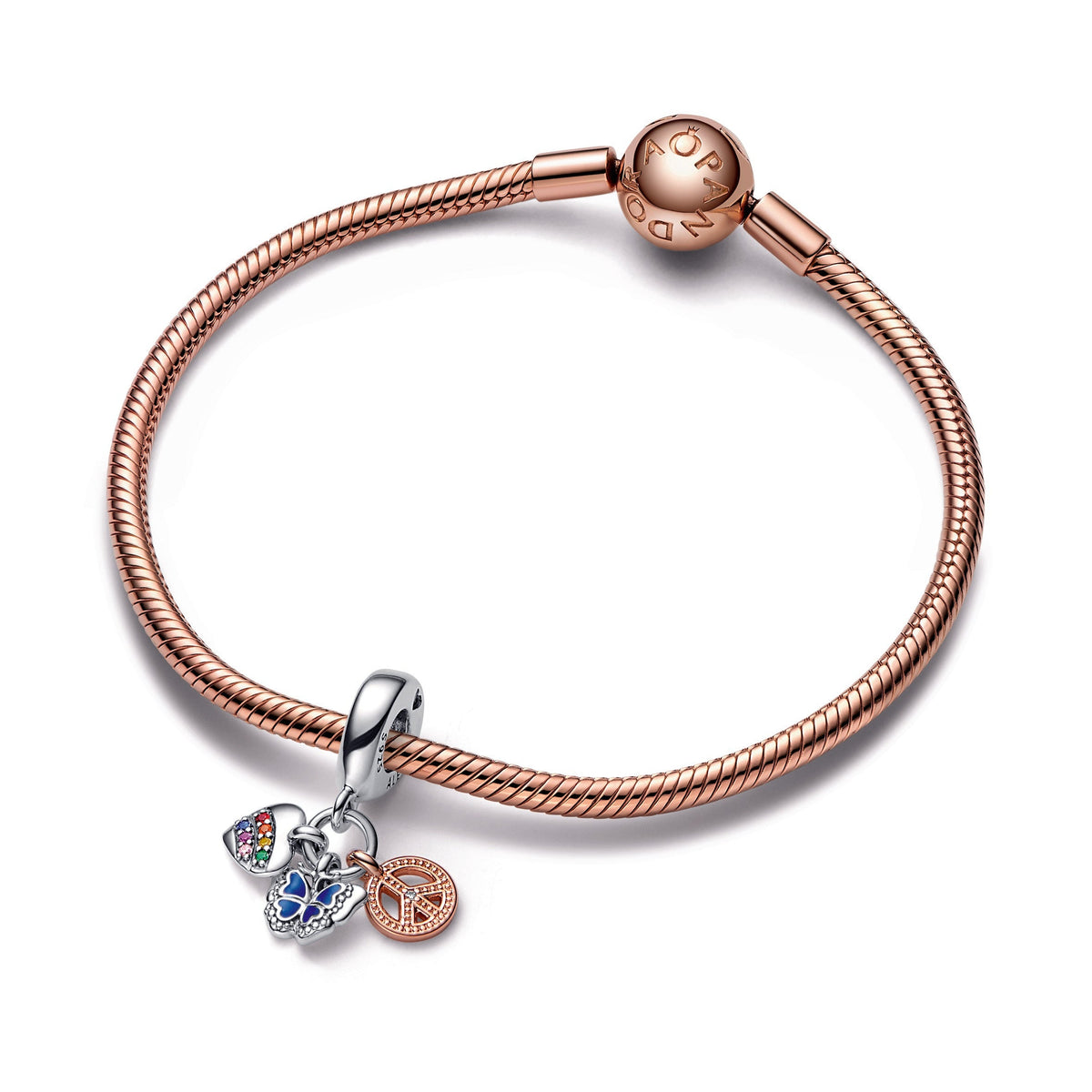 Pandora Two-Tone Rainbow Heart, Butterfly & Peace Triple Dangle Charm