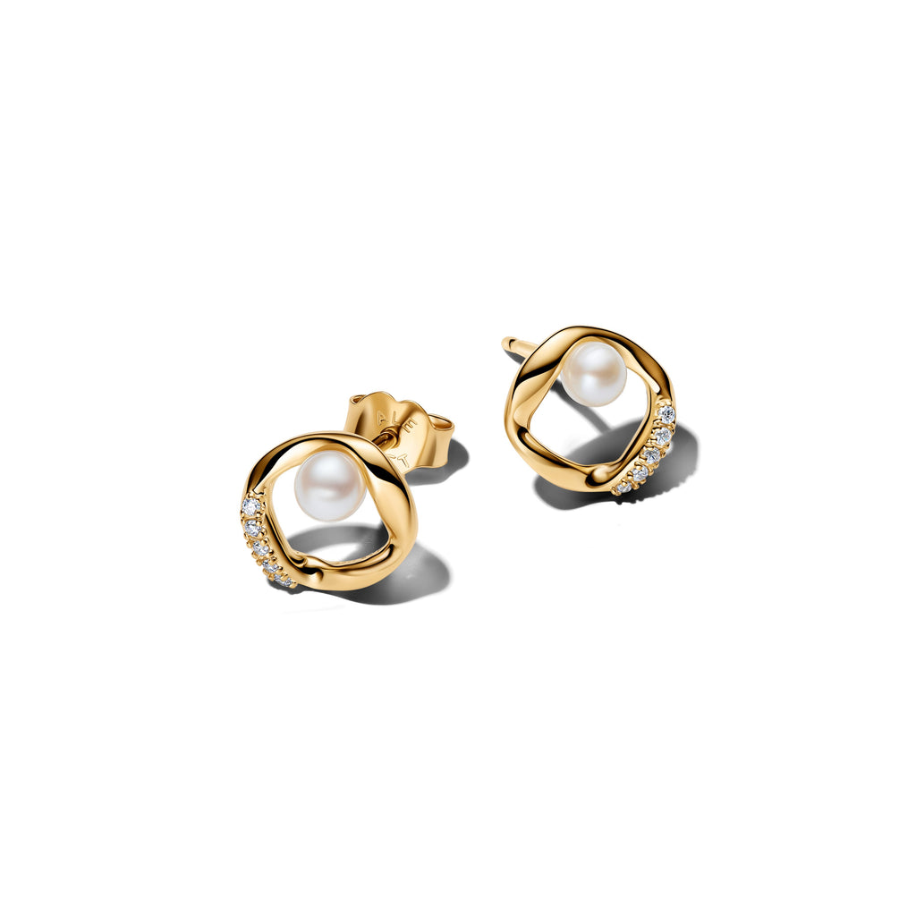 Pandora Organic Shape Pave Circle & Treated Freshwater Pearl Stud Earrings